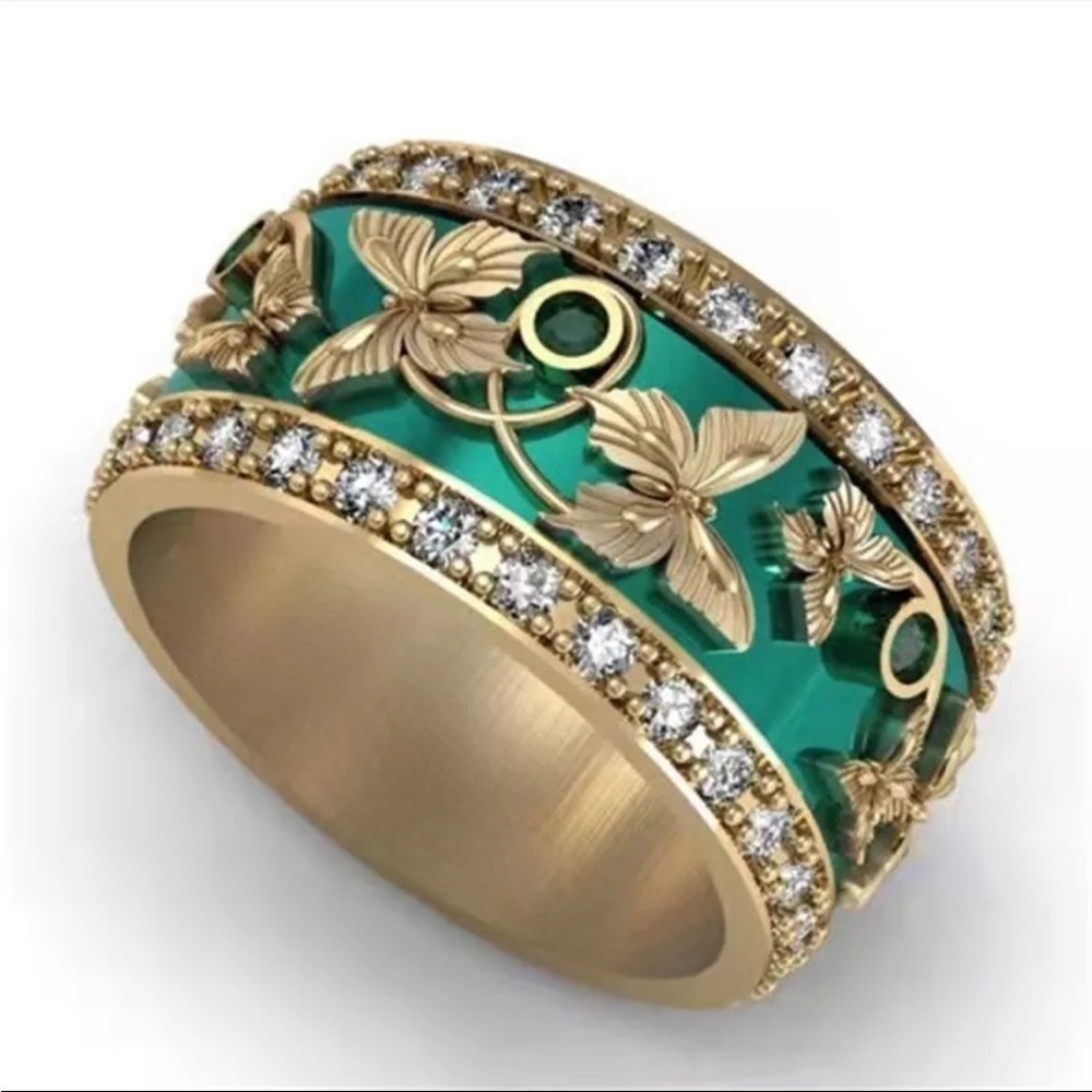 Intricate Butterfly Crystal Green Band Gold Ring